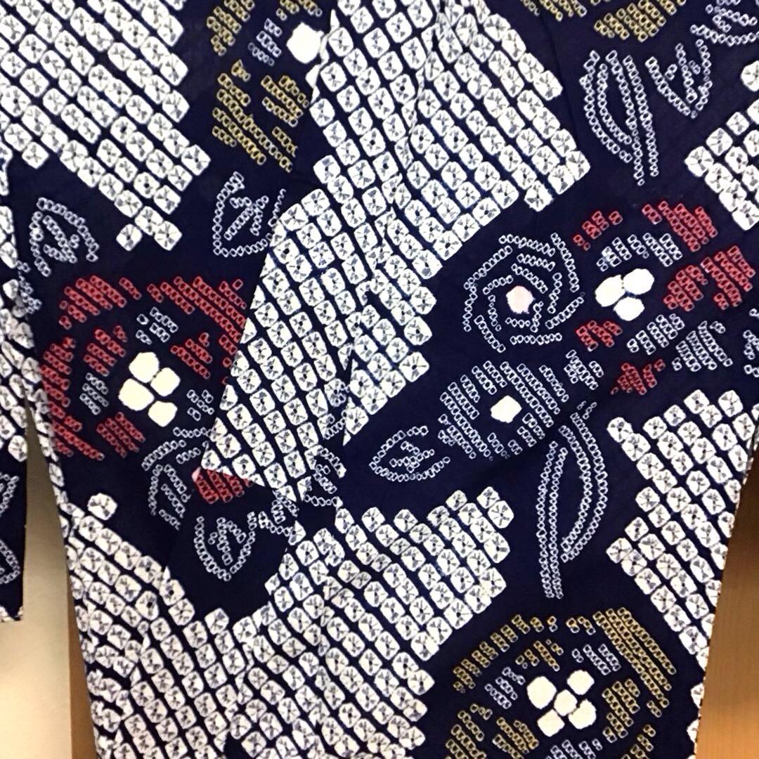 未使用☆本場有松絞り☆誂え浴衣☆紺色☆ばら☆身丈168☆裄丈68☆