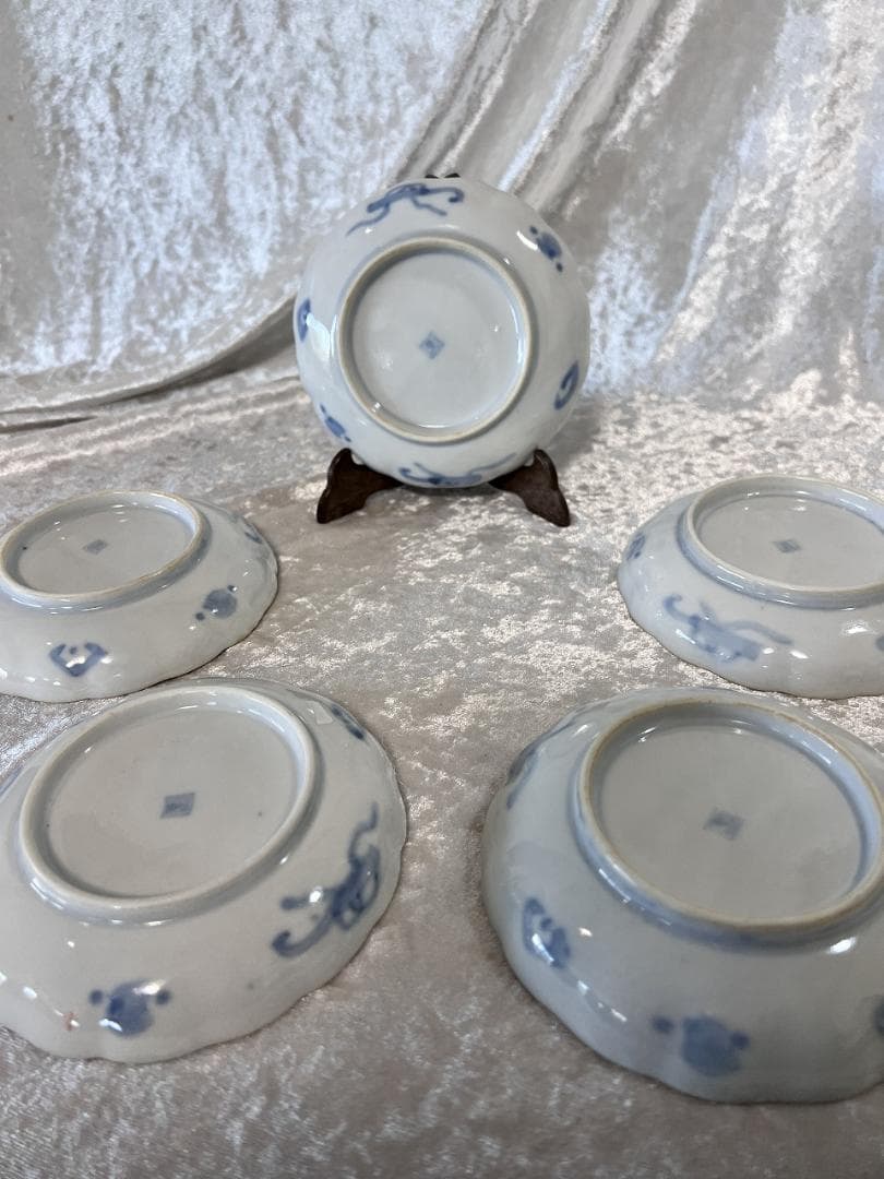 金彩色絵花草紋輪花小皿　伊万里焼　明治　5枚組