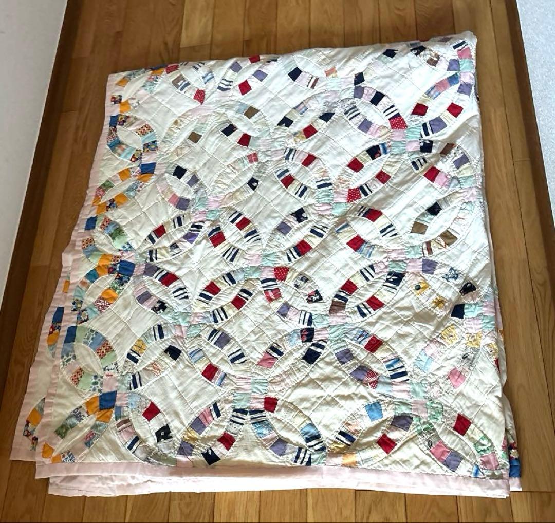 【稀少】アメリカンアンティークキルト⭐︎ダブルウエディング　 約190×208cm