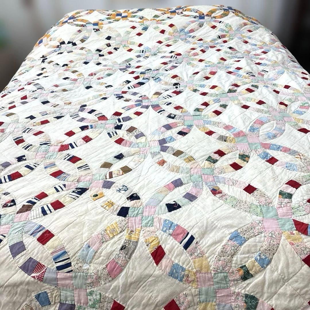 【稀少】アメリカンアンティークキルト⭐︎ダブルウエディング　 約190×208cm