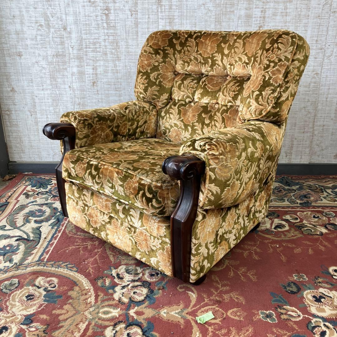 昭和レトロ カリモク 金華山 花柄ベロアソファ 一人掛けソファ アームチェア