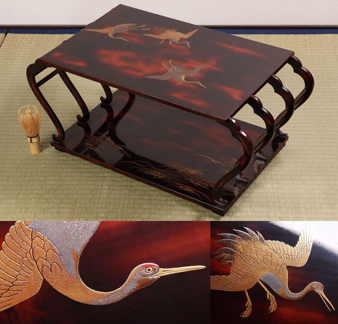時代 漆芸 鶴図 金銀蒔絵 曙塗 八足 二段卓 木製 花台 銀露【MA661】