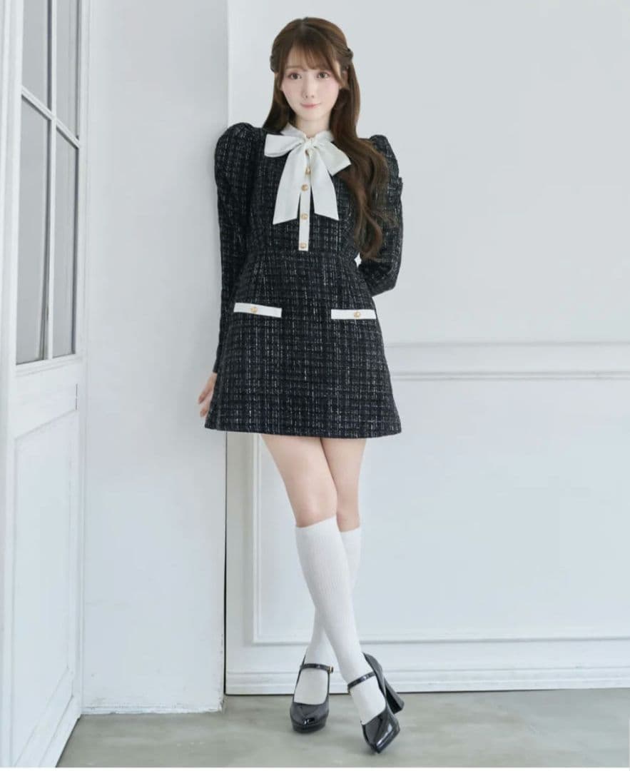ワンピース ribbon tie tweed mini onepiece M