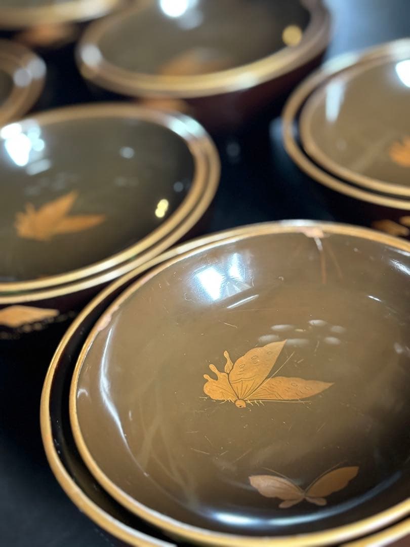アンティーク品　漆器椀　時代物　 京塗り7客セット 金色の菊花7種類の模様