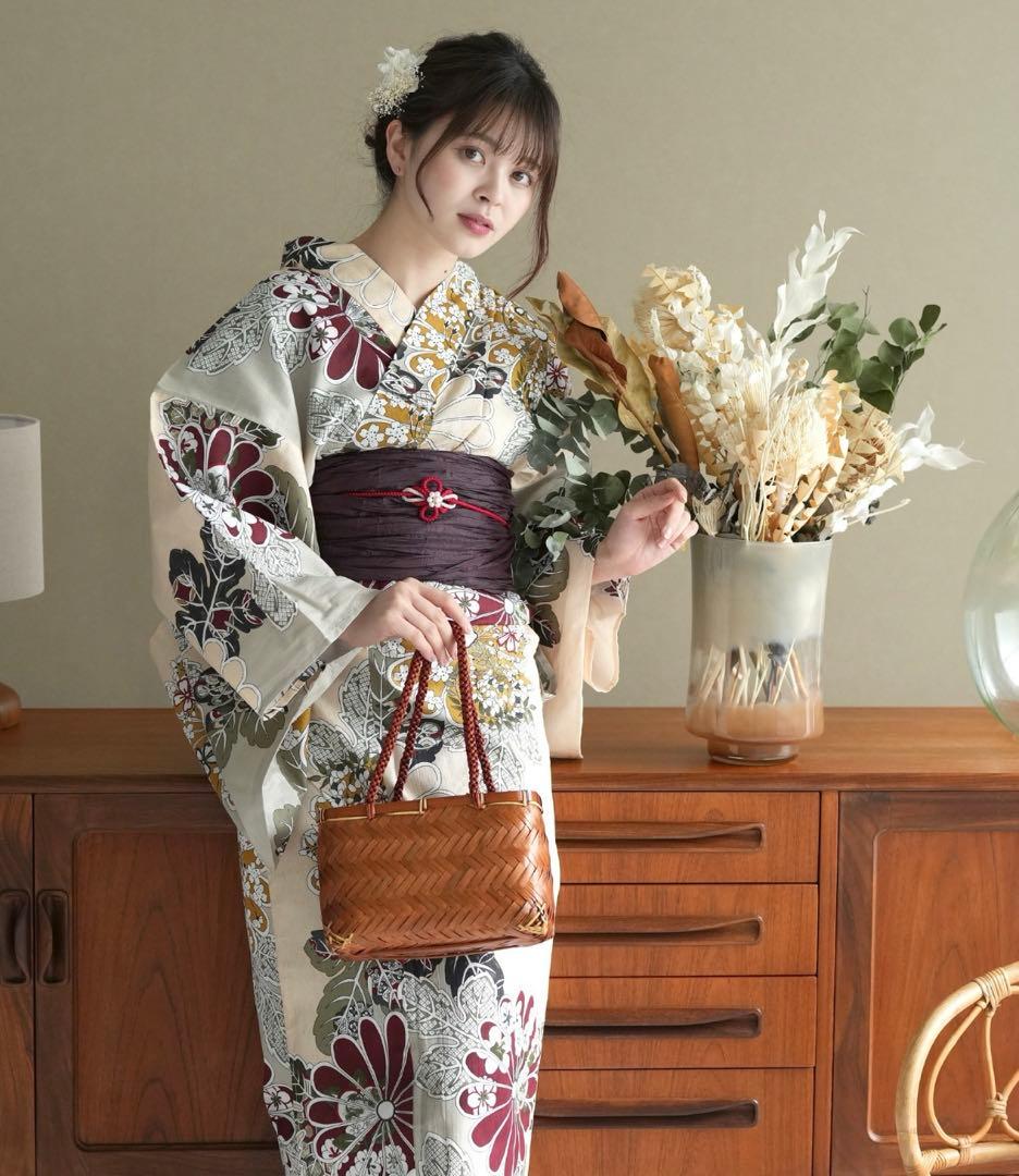 utatane 浴衣・帯セット 変わり織り浴衣ピンクベージュとグレーの染め分け菊