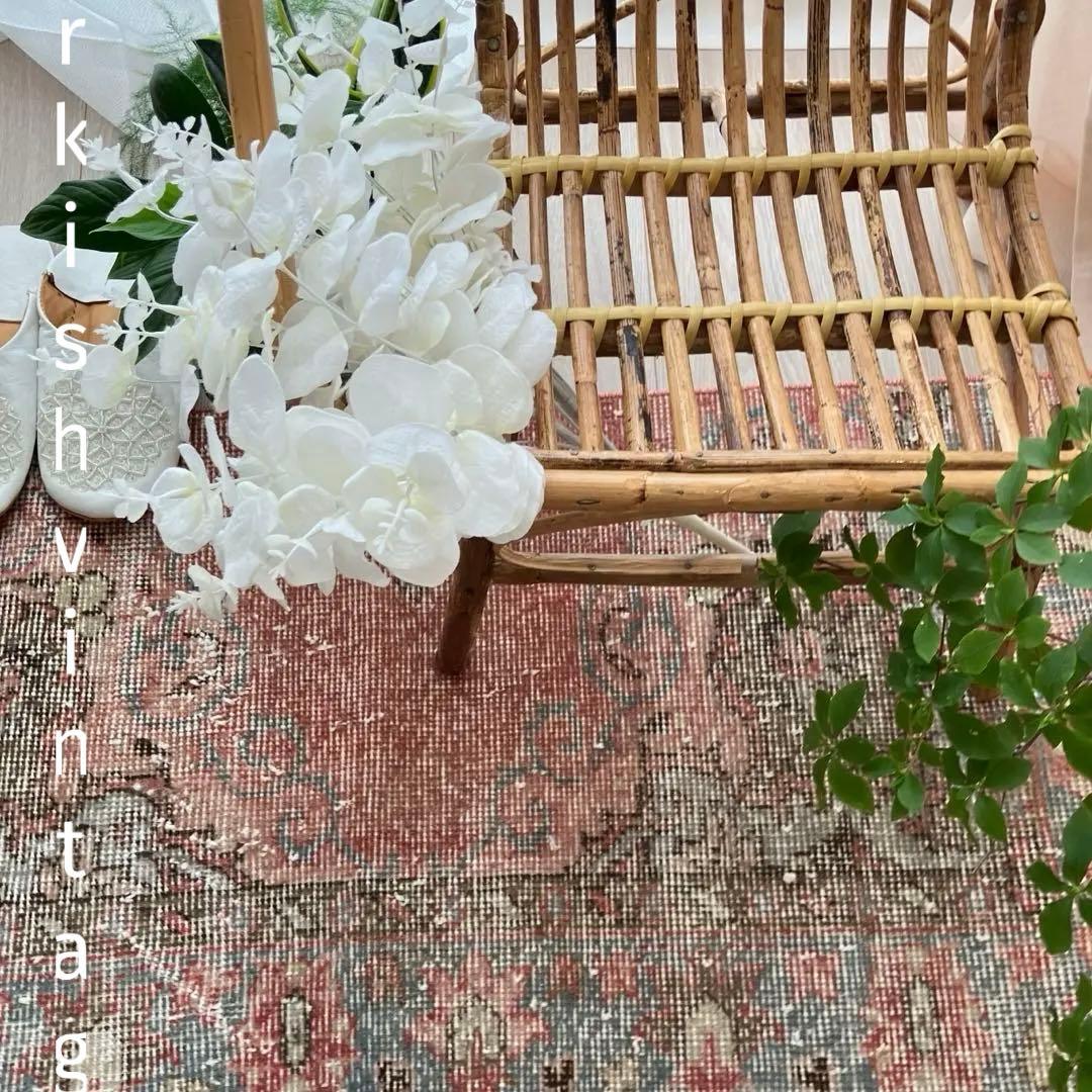 淡ピンクレッド✳︎50×110くすみブルーココの字フラワー　トルコヴィンテージラグ