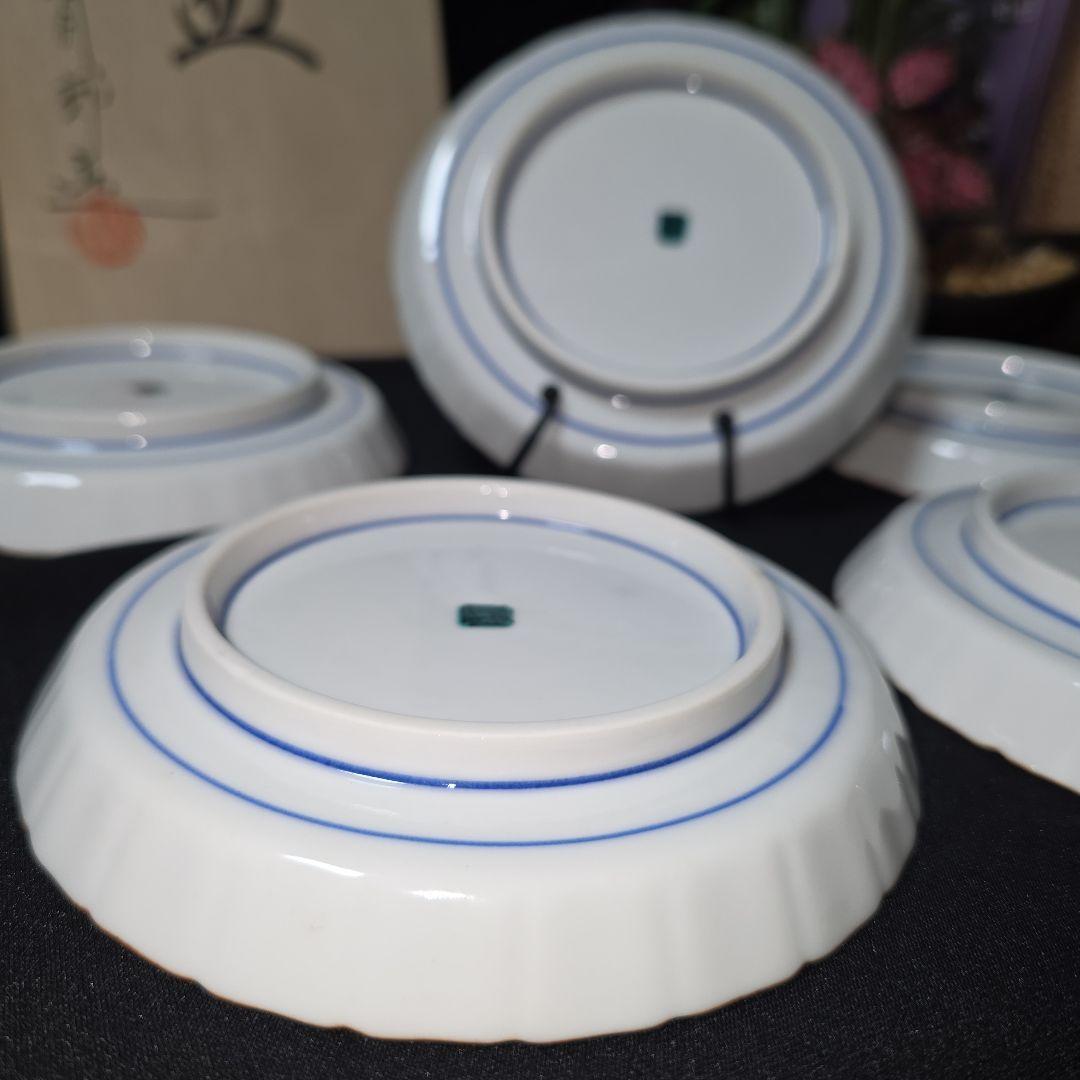 九谷焼　九谷青郊　青手牡丹唐草文　銘々皿　輪花皿　取皿　菓子皿　 5客