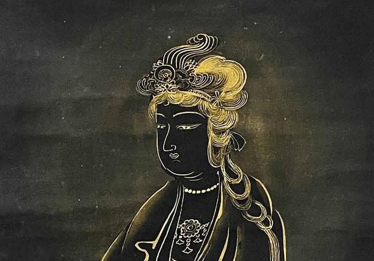 【金泥】★狩野探幽 瀧観音図★真筆 朱塗箱 絹本 検）狩野派 雪舟 狩野永徳