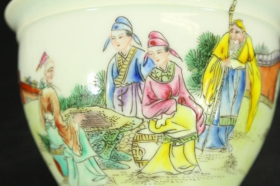 中国美術 粉彩色絵 宮廷人物紋 遊台 漆蓋碗 居仁堂製 希少(LC257)