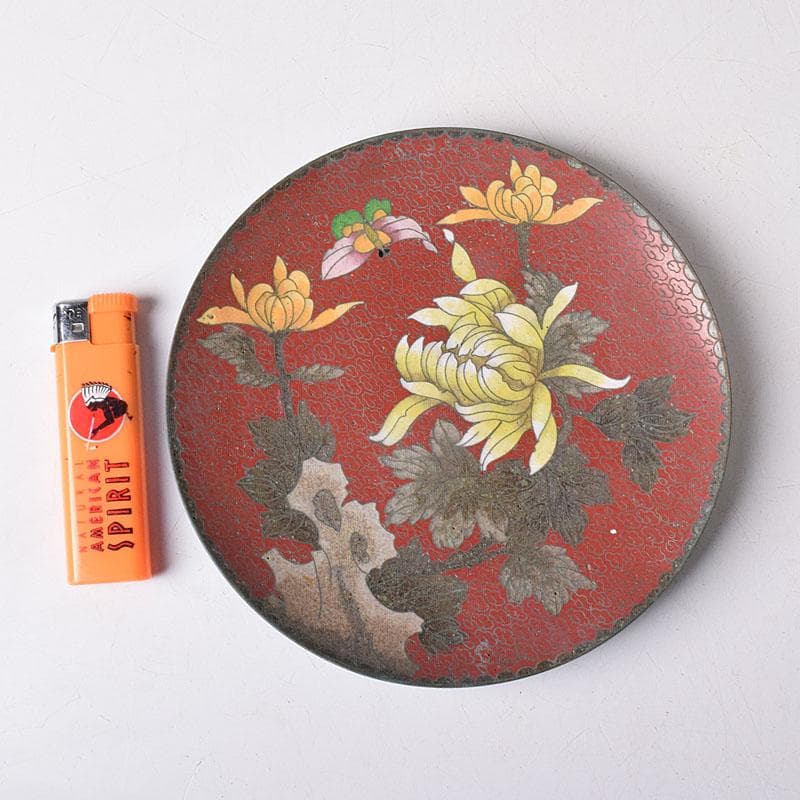 中国　古七宝琺瑯彩　花蝶文盤　皿　V　R8772