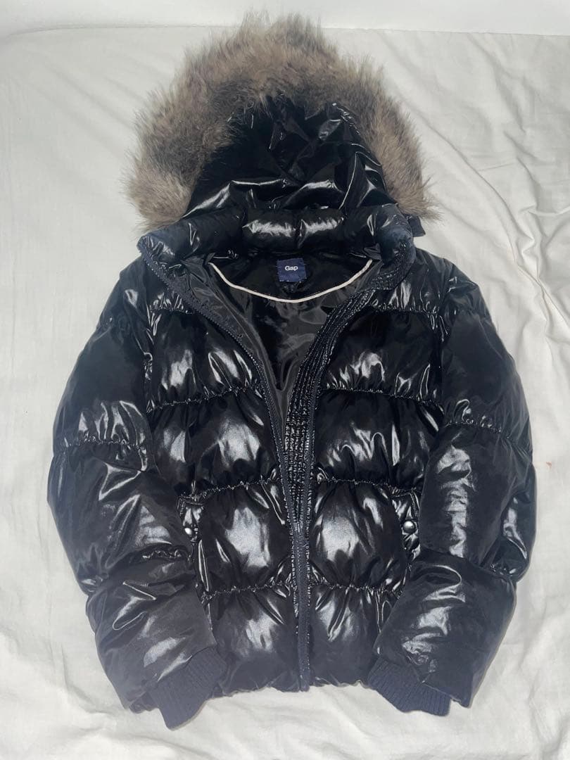 GAP 短丈 ダウンジャケット ファー付き 光沢 y2k 平成ギャル　ブラック