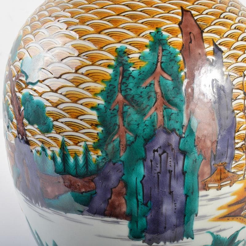 九谷焼　三代三ツ井為吉作　色絵山水紋　花生　共布共箱　M　R6752B