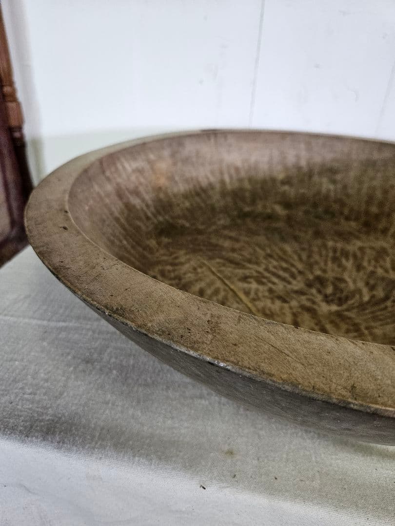 日本のアンティーク 無垢材のこね鉢 鎹継ぎ くりぬき ウッドボウル ガーデニング
