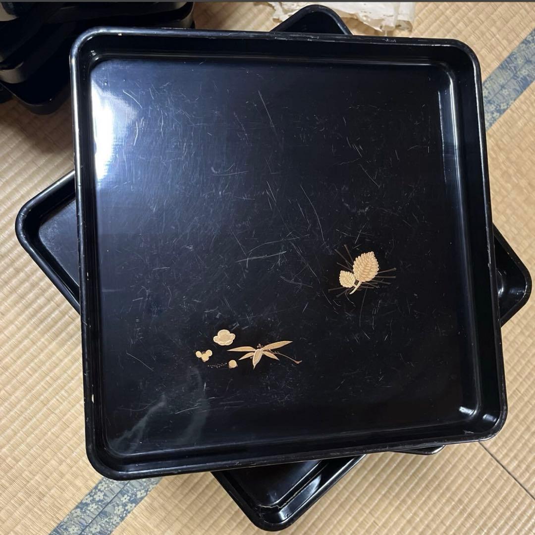 蔵出し品　松竹梅　懐石　漆器盆　会席　沈金？　２０枚　 黒塗 会席膳　奥有馬