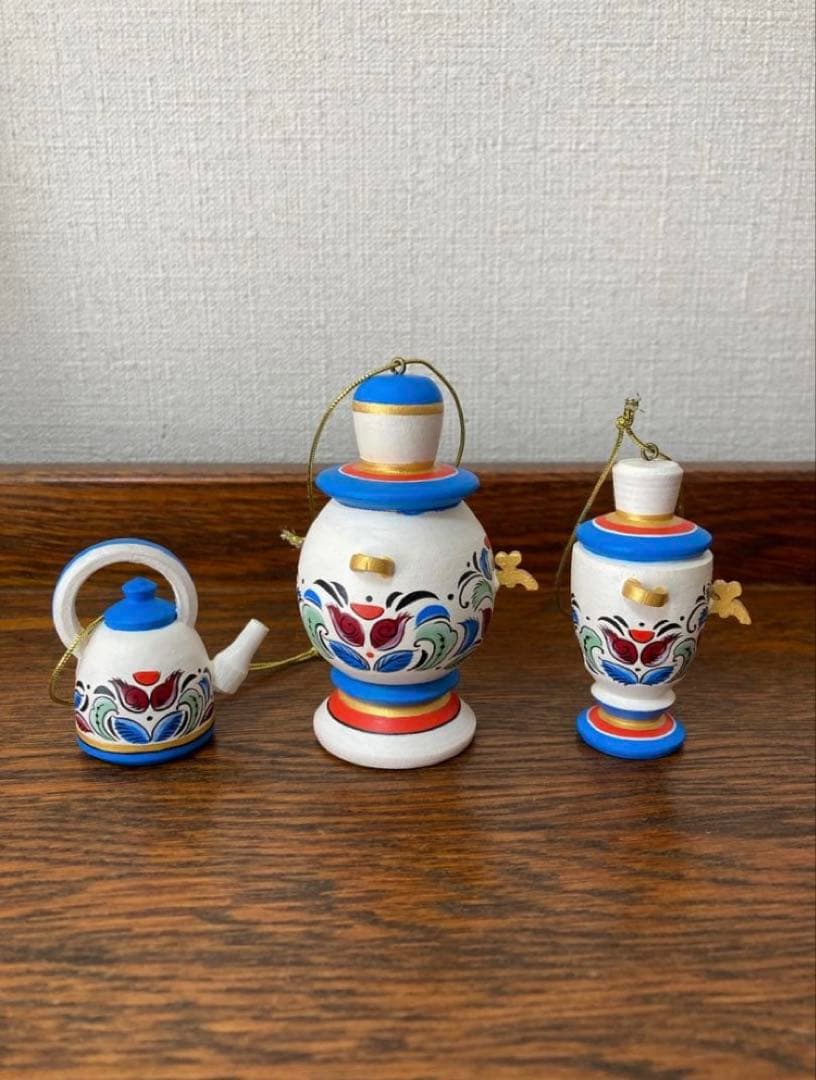 ロシア雑貨☆サモワール&ティーポットのオーナメント3個 マトリョーシカ オリガ作