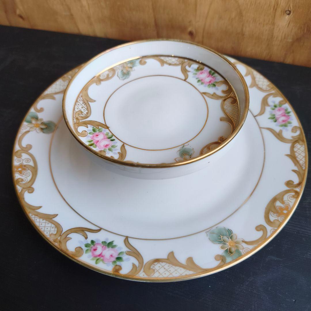 オールドノリタケ アンティーク プレート コンポート 2段 ハンドペイント