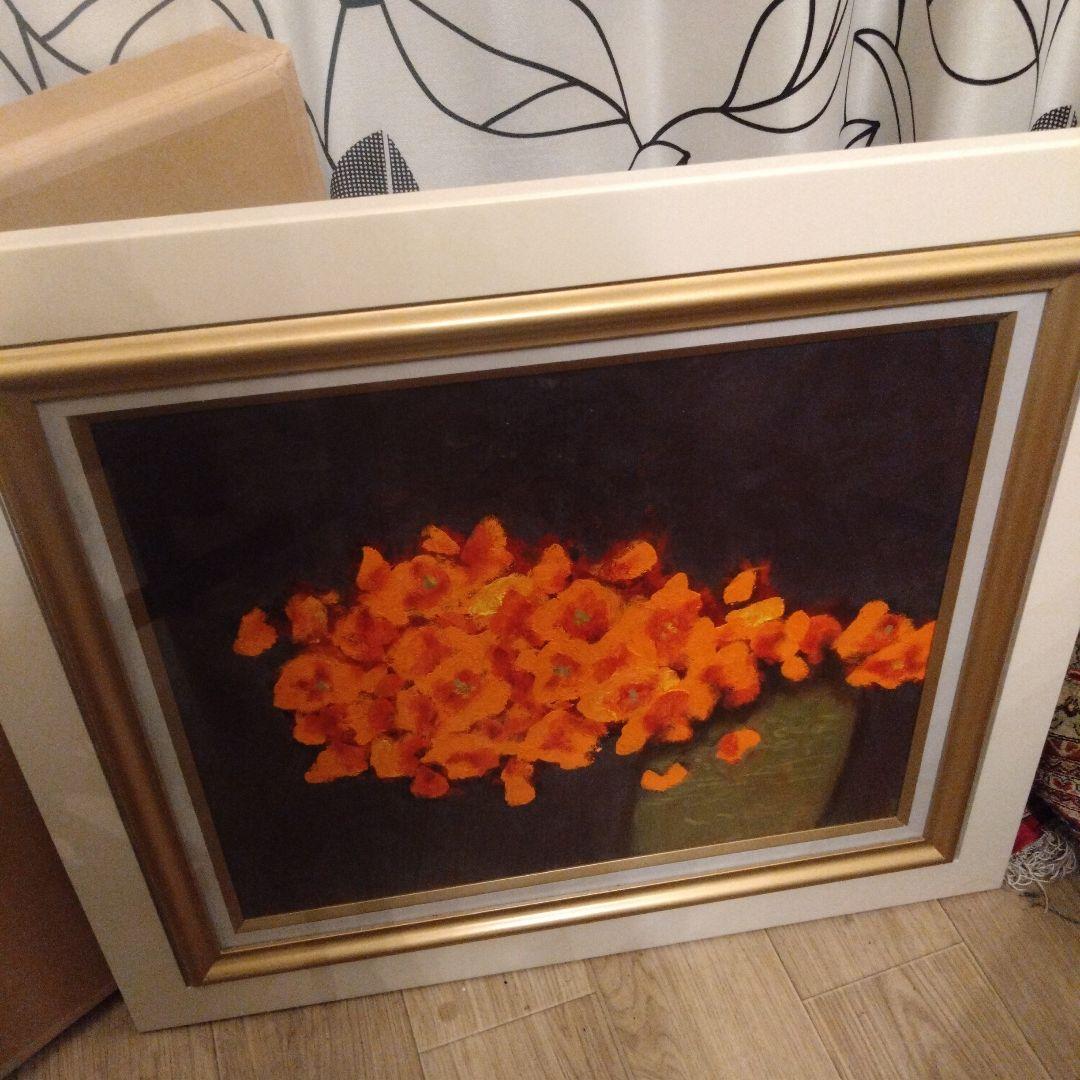 オレンジの花 油彩画 フレーム付き