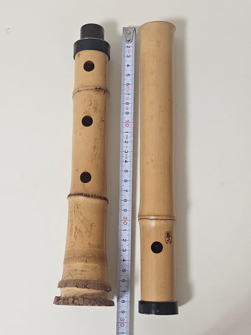琴古流 尺八 二つ折り 分割式 根付き 地無し 朱塗り歌口 焼印あり