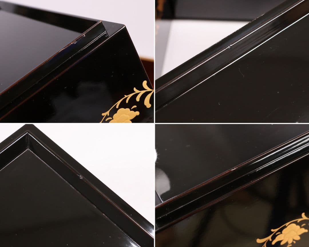 【MB208】輪島塗 家紋金蒔絵 五段重箱 台付 剣片喰花唐草 黒塗梨地 天然木