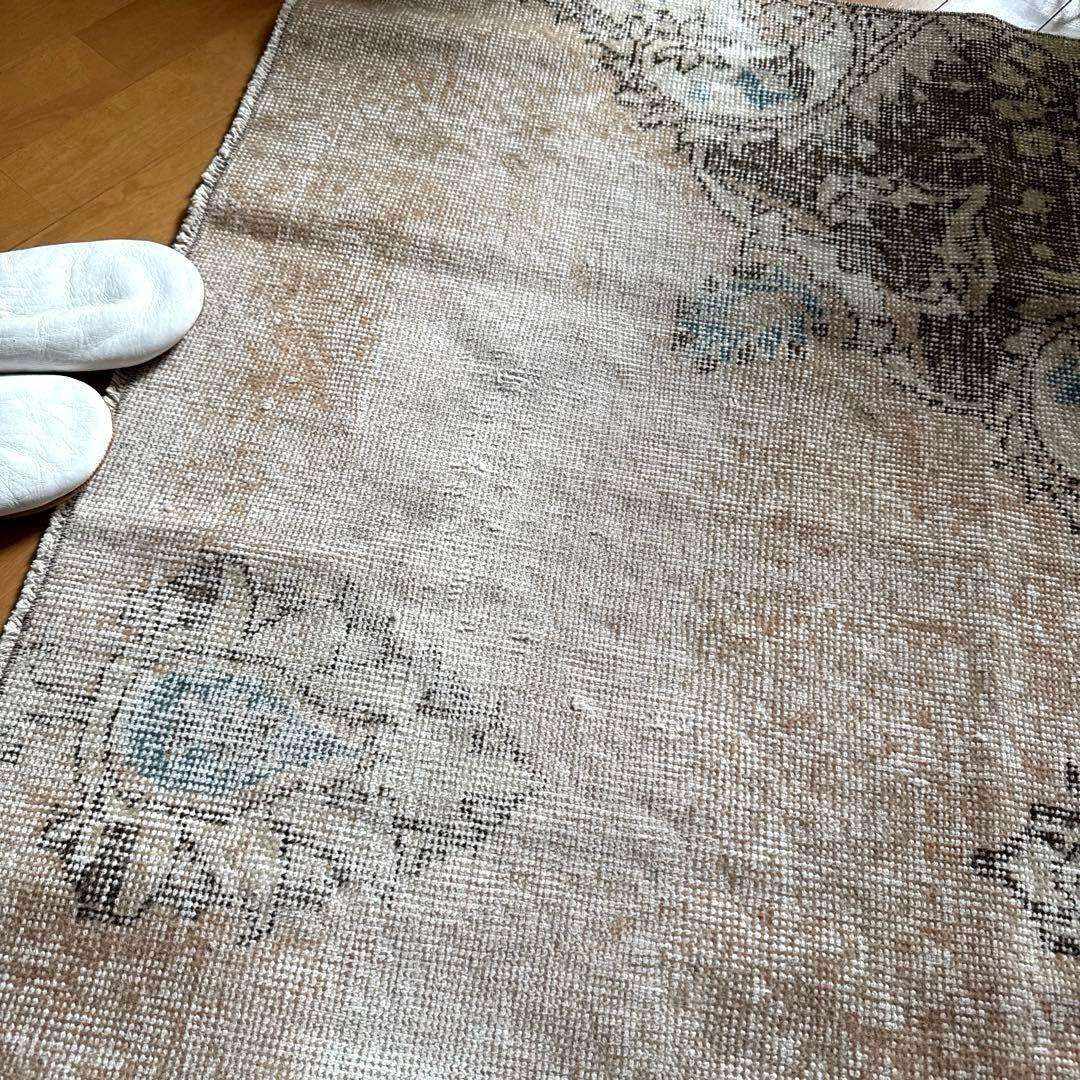 106×141 ターコイズブルー×ブラウン　淡いベージュ　トルコヴィンテージラグ