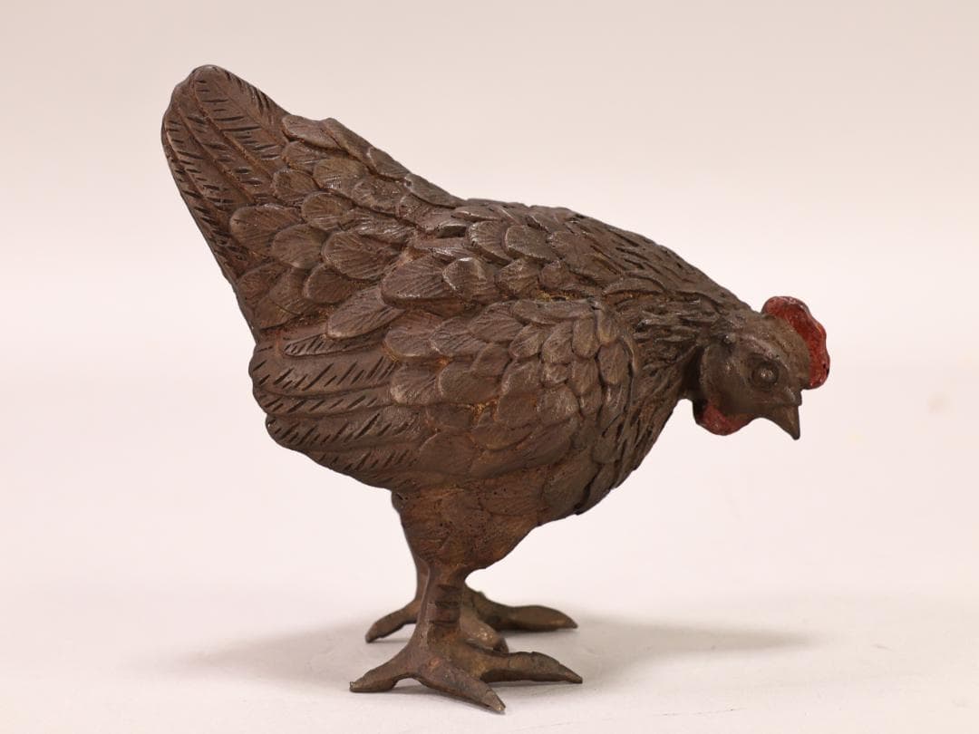 BK442　時代金工　古銅　双鶏　置物　ブロンズ　床飾り　金運　仕事運　子孫繁栄