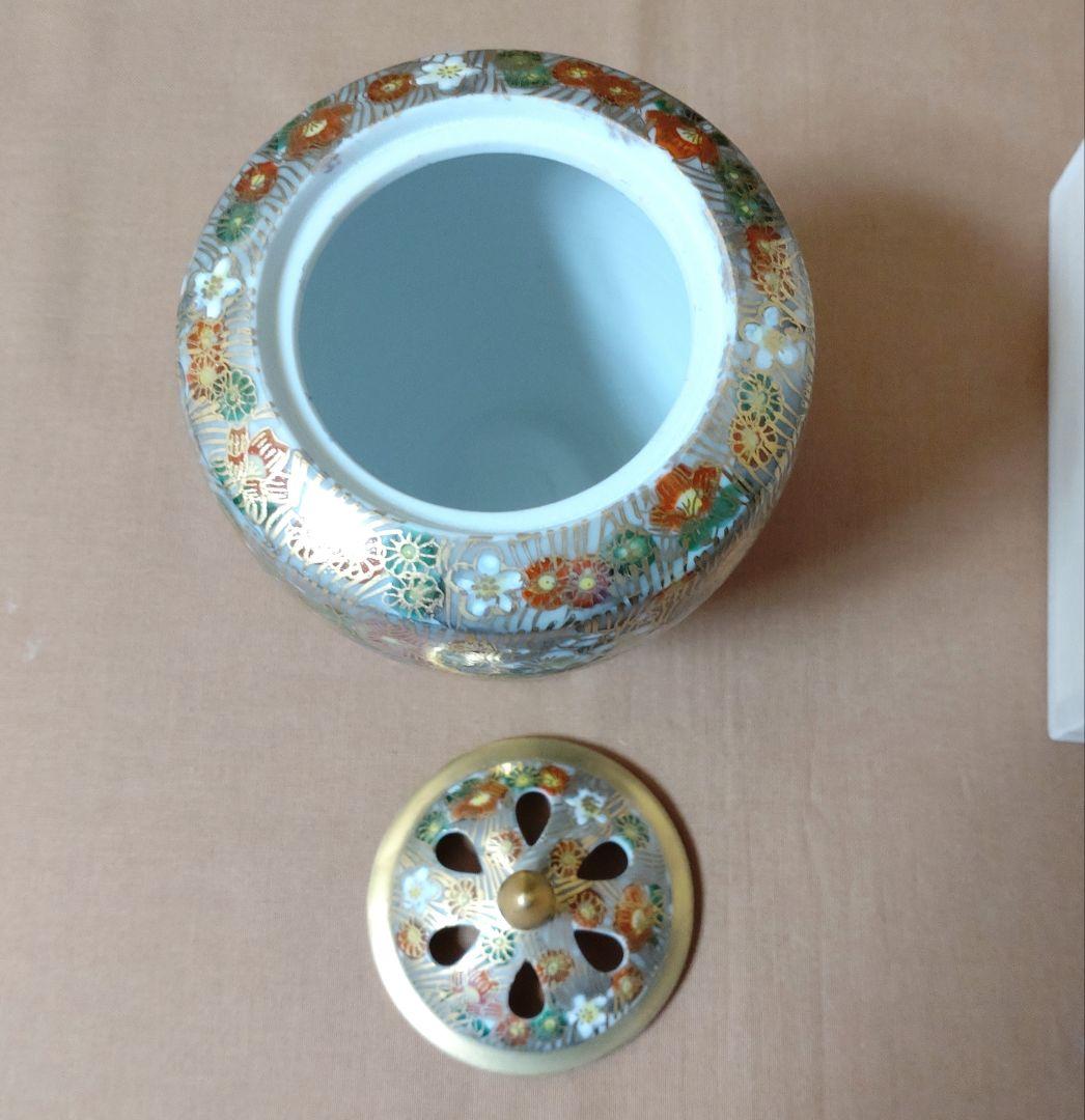 香炉 九谷焼 真山 色絵金彩  花詰 香炉 共箱 /茶道具 香道具 仏具 置物