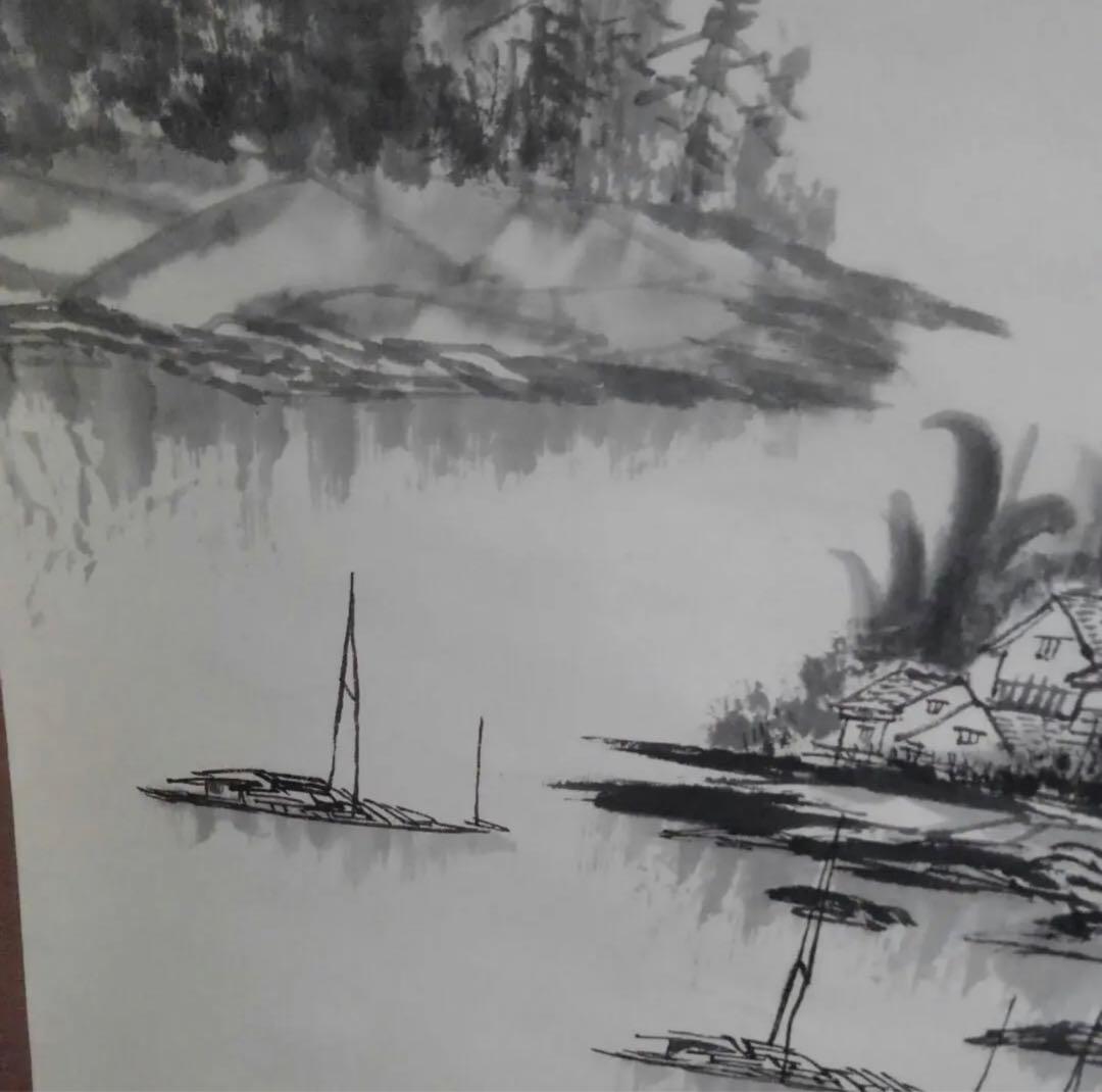 中国の水墨画、盧景春 肉筆漓江煙雨 掛け軸 大幅 名品绘画 。