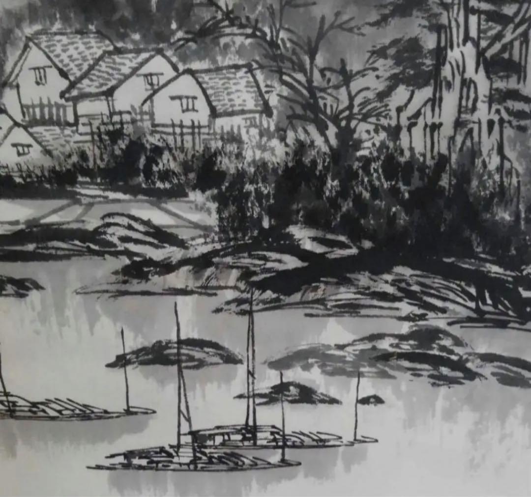 中国の水墨画、盧景春 肉筆漓江煙雨 掛け軸 大幅 名品绘画 。