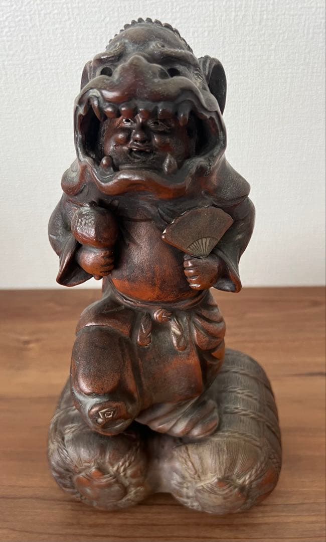 備前焼 獅子舞像置物 江戸末期頃 縁起物 大黒天 収納木箱付き アンティーク