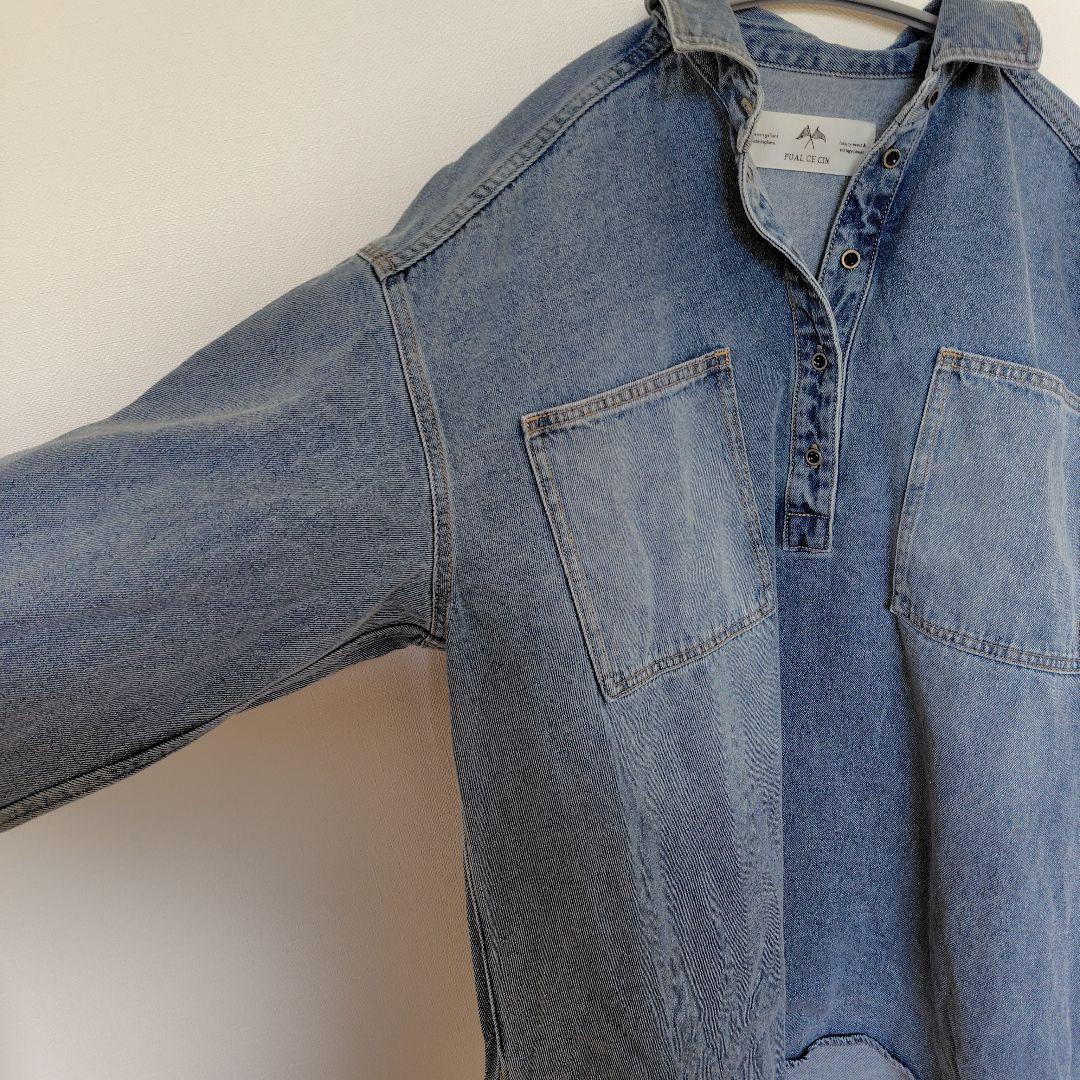 期間限定価格　ヴィンテージライクデニムチュニックシャツ　　ブルー　ピュアルセシン