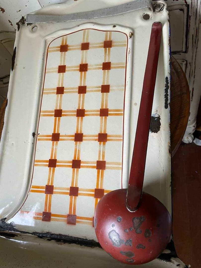 knock アンティーク　ホーロー　レードルラック　チェック柄　レードル付