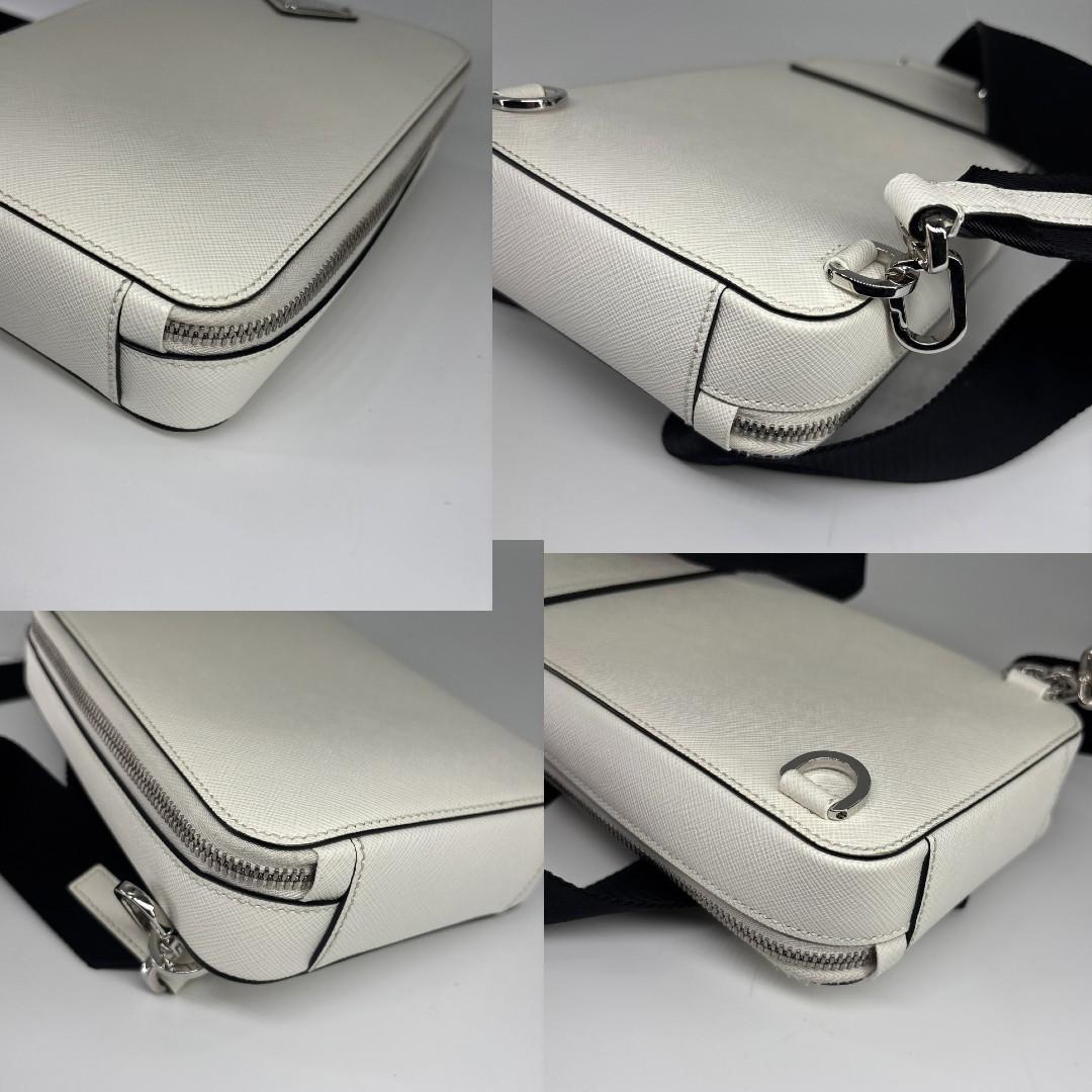 未使用 プラダ ショルダーバッグ メンズ ホワイト レザー トライアングルロゴ