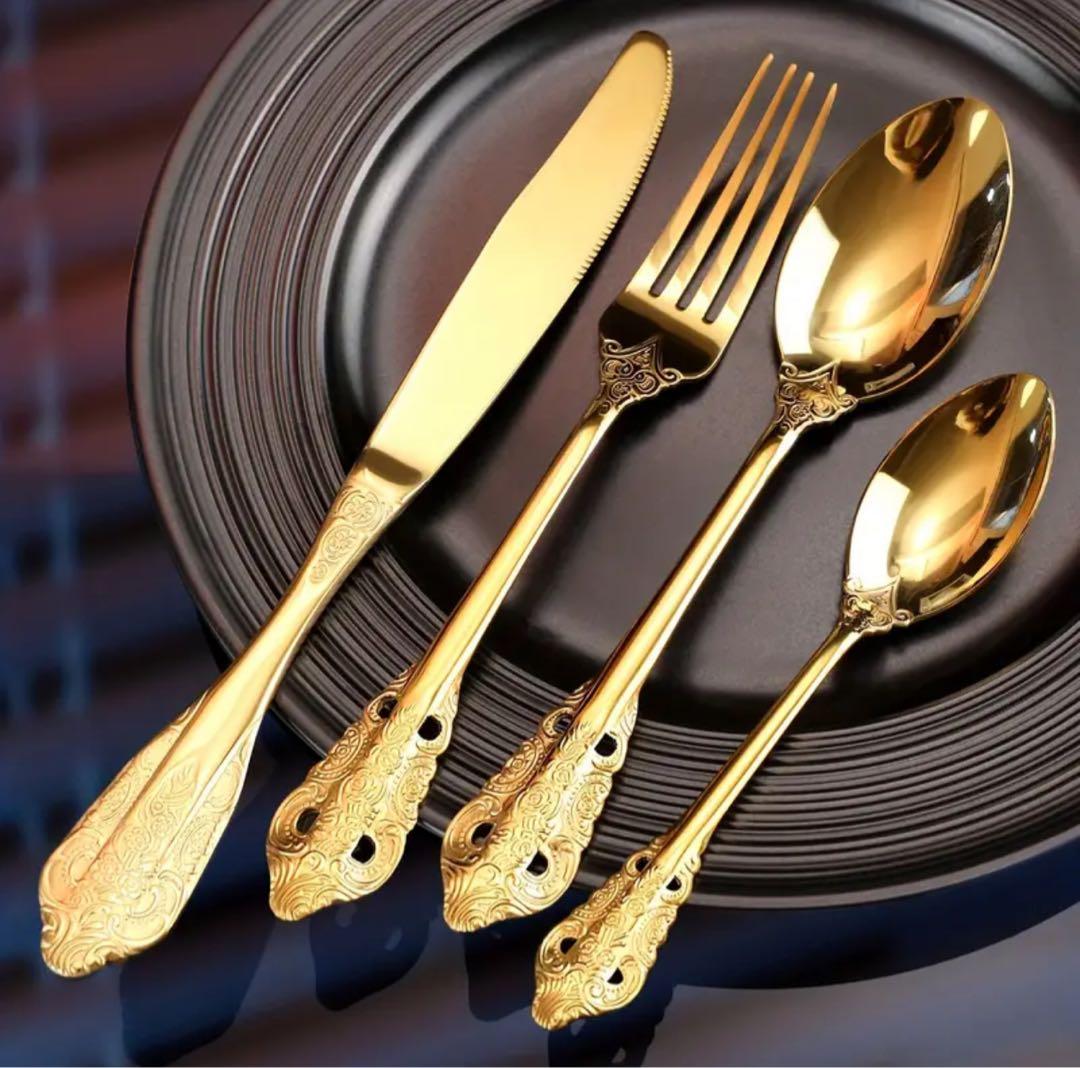 食器セット　スプーン　フォーク　ナイフ　ステンレス製　真鍮風　レトロ