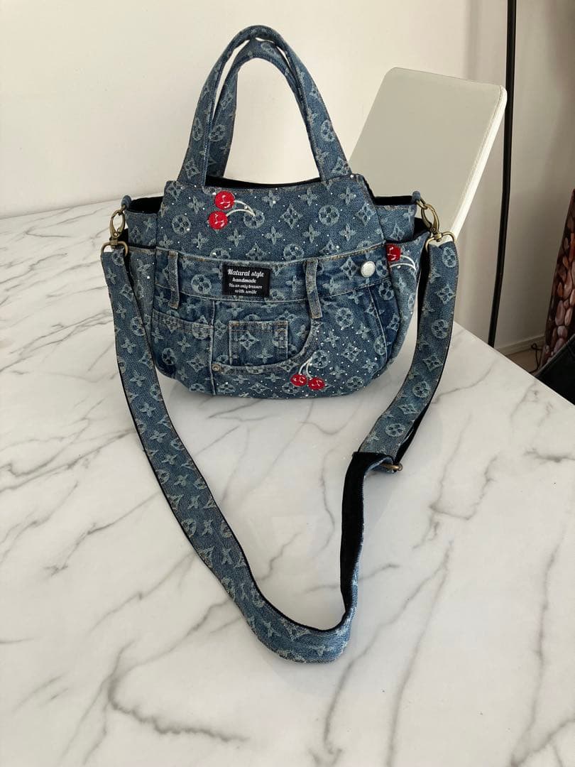 1007 ピエロ　ヒョウ柄デニムリメイクバック　ハンドメイド