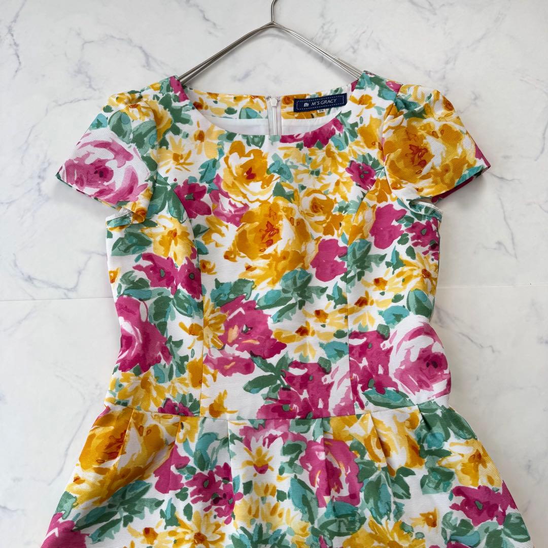 美品 エムズグレイシー 花柄 スカラップ ワンピース リボン パフスリーブ 38