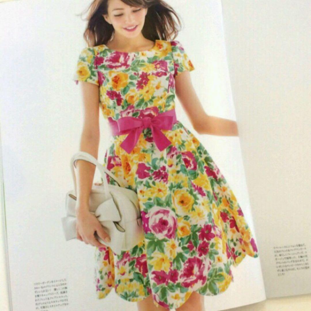 美品 エムズグレイシー 花柄 スカラップ ワンピース リボン パフスリーブ 38