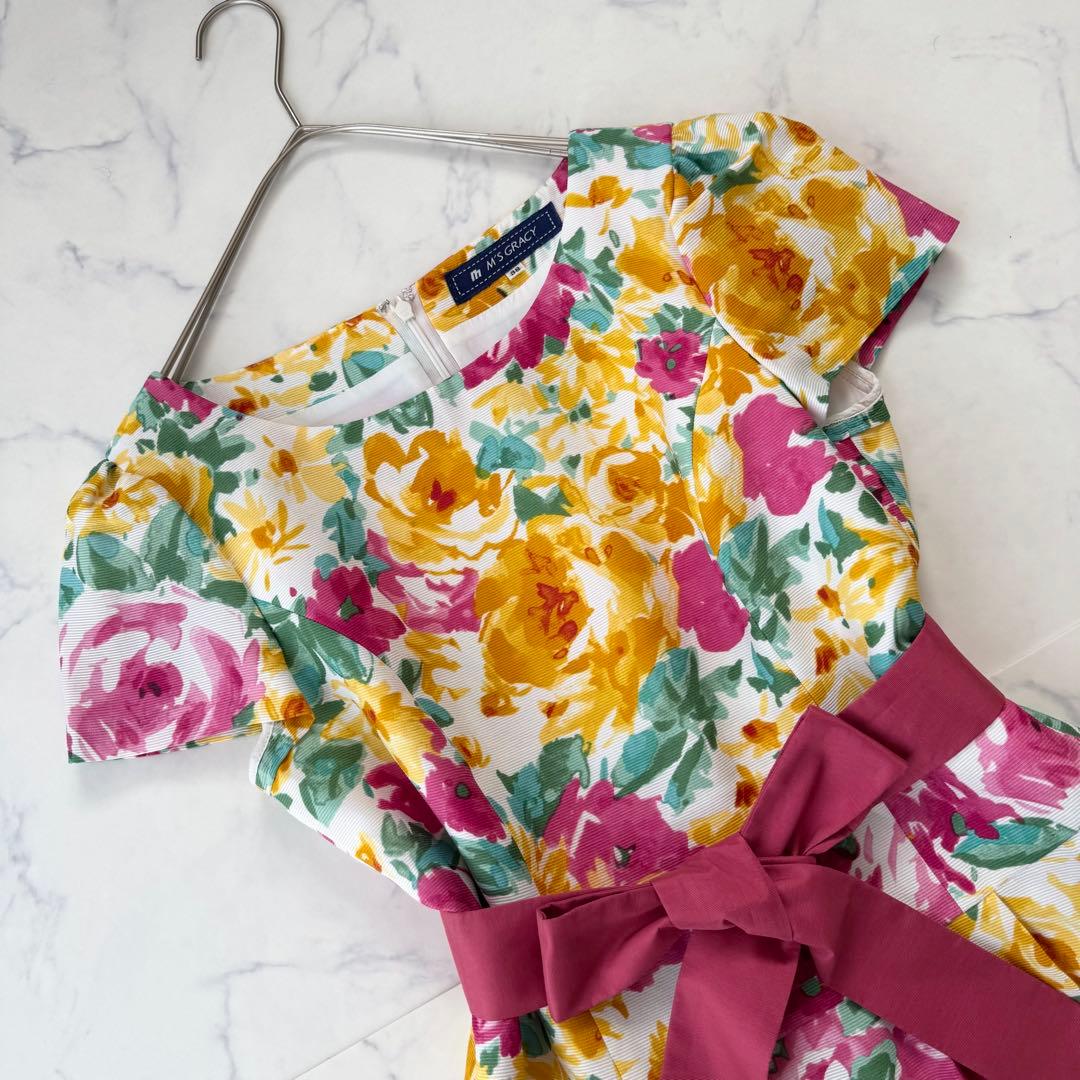 美品 エムズグレイシー 花柄 スカラップ ワンピース リボン パフスリーブ 38