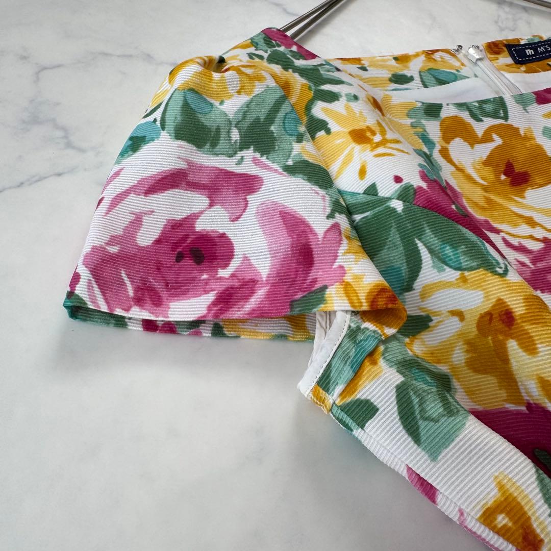 美品 エムズグレイシー 花柄 スカラップ ワンピース リボン パフスリーブ 38