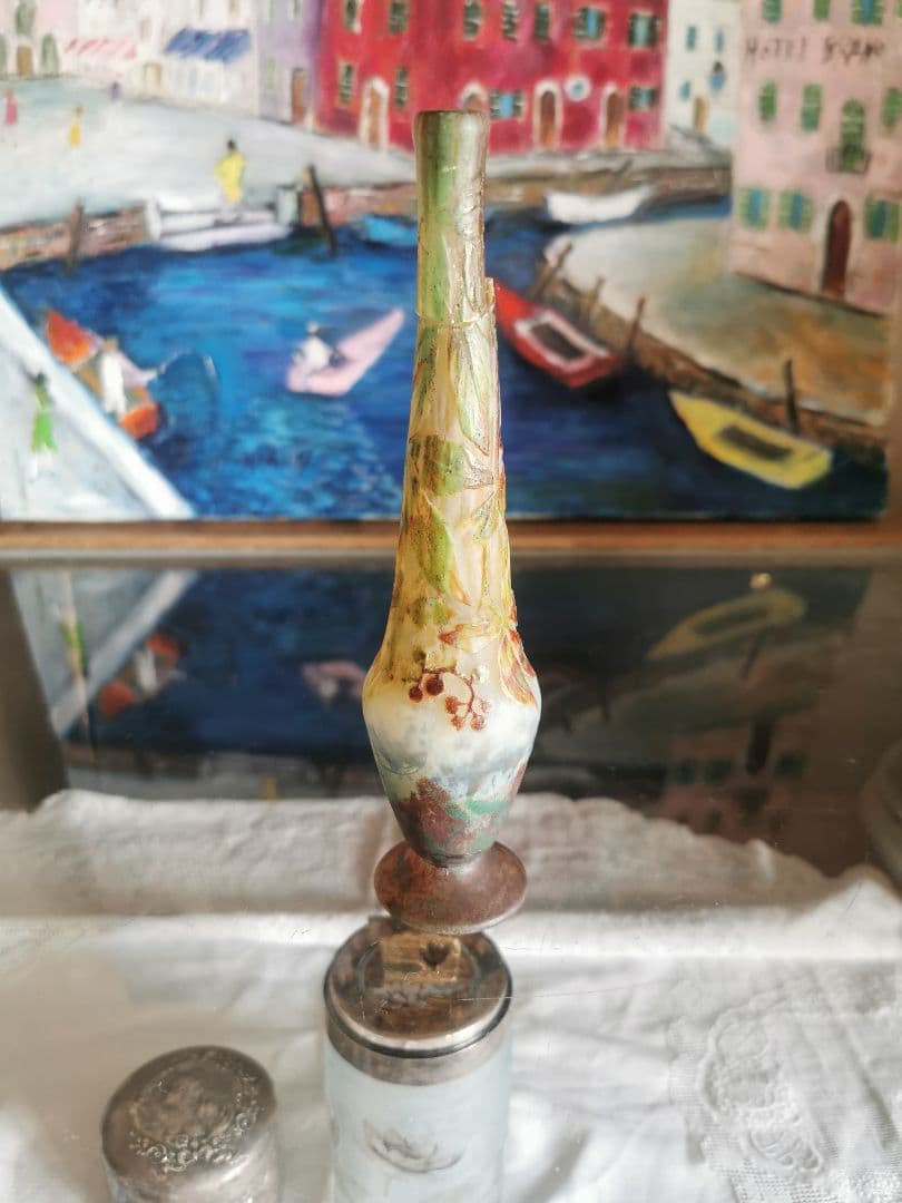 アンティークドームナンシー 木の実 色被せガラス 異色熔込花瓶 パートドヴェール