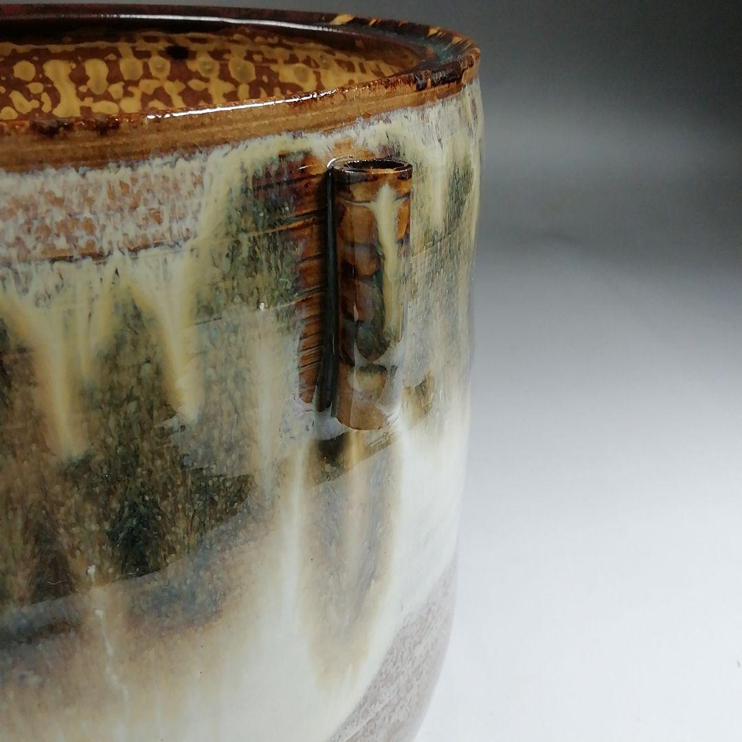 Ｔ８９１　水指　『高取焼』『掛分管耳　水指』『亀井楽山 造』　共箱　茶道具