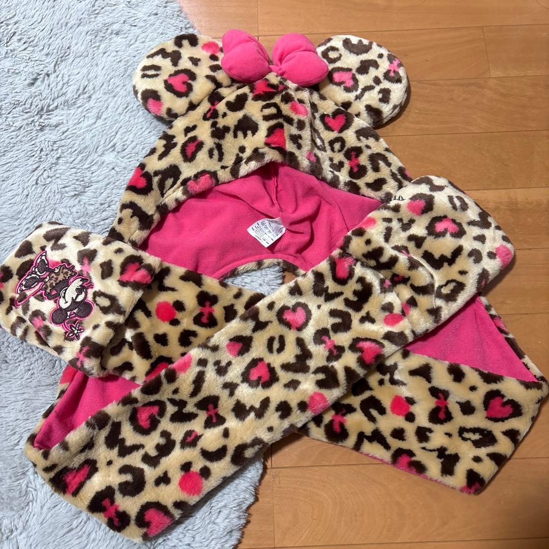 ミッキー耳付きヒョウ柄フリース帽子