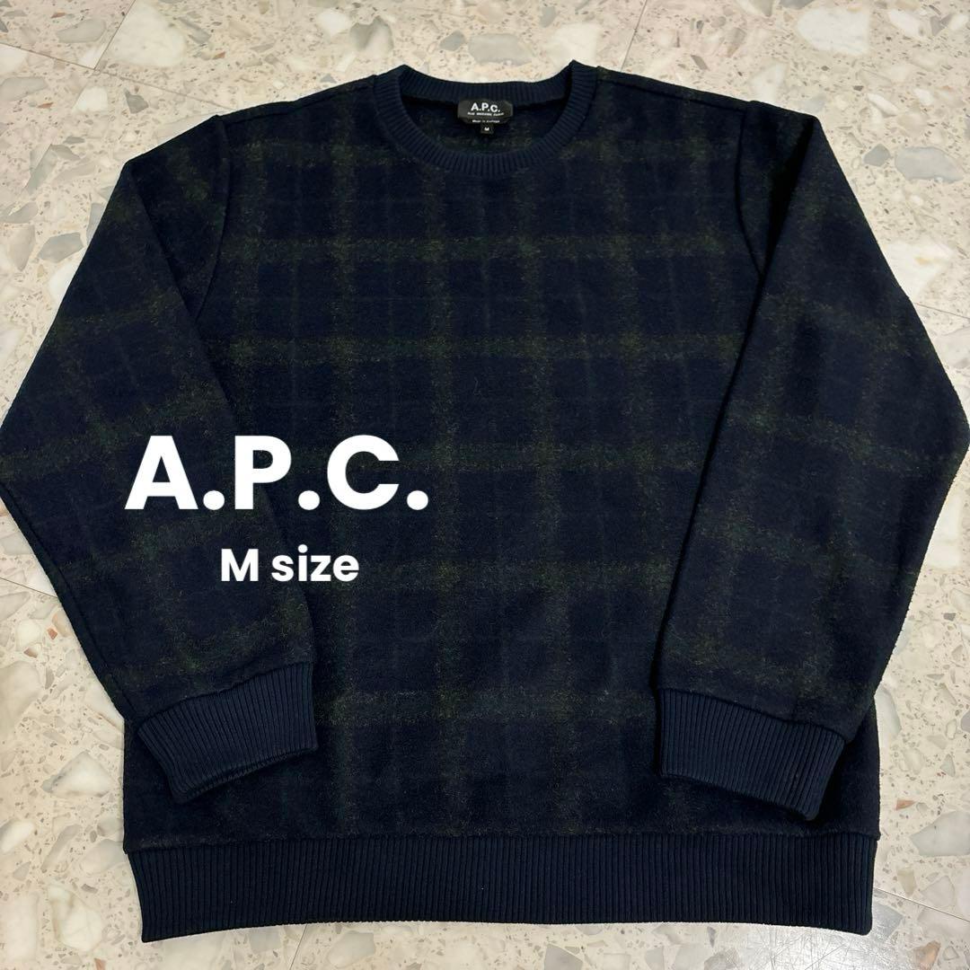 A.P.C. Mメンズ クルーネック　ウール　長袖スウェット　チェック　紺 緑