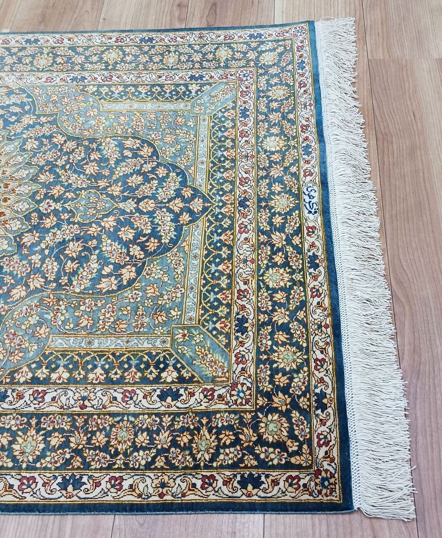 専用Y3144 高級ペルシャ絨毯 クム産 工房サイン シルク100% 手織り