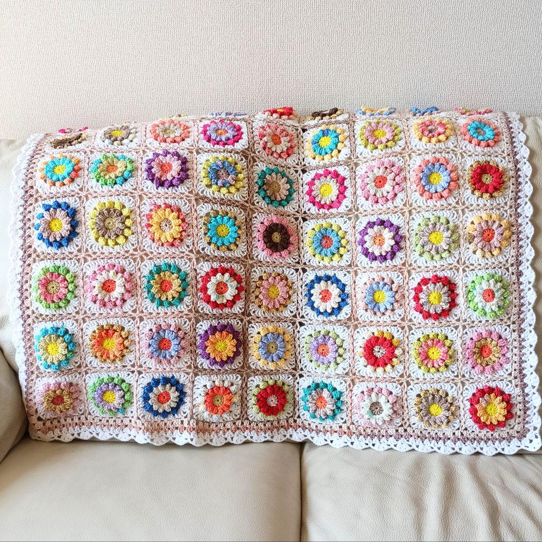 お花の手編みブランケット★カラフル★かぎ針編み★お花モチーフ★コットン