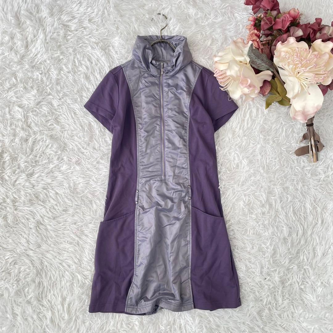 COUP DE CHANCEゴルフハーフジップ 半袖ワンピース紫38 切り替え