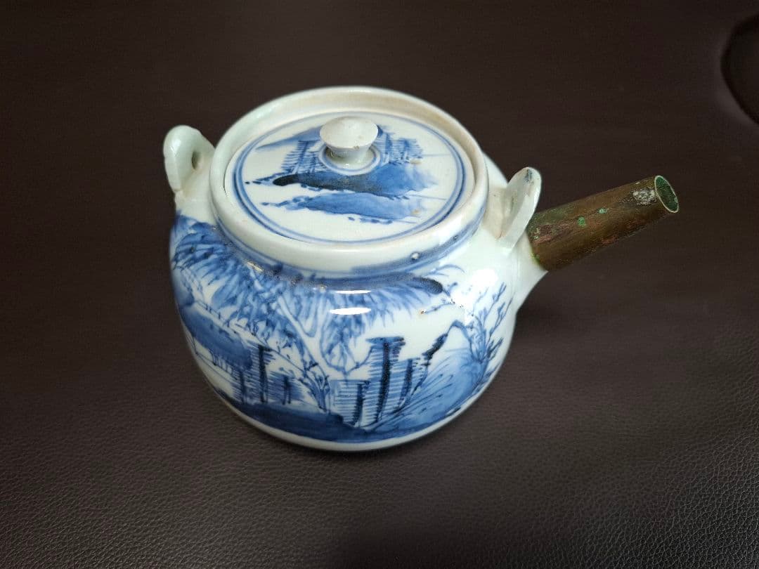 幕末　切込焼　染付山水文急須