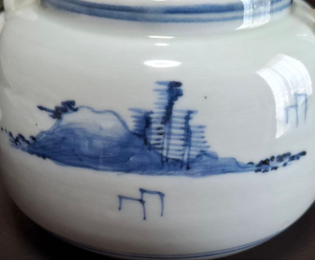 幕末　切込焼　染付山水文急須