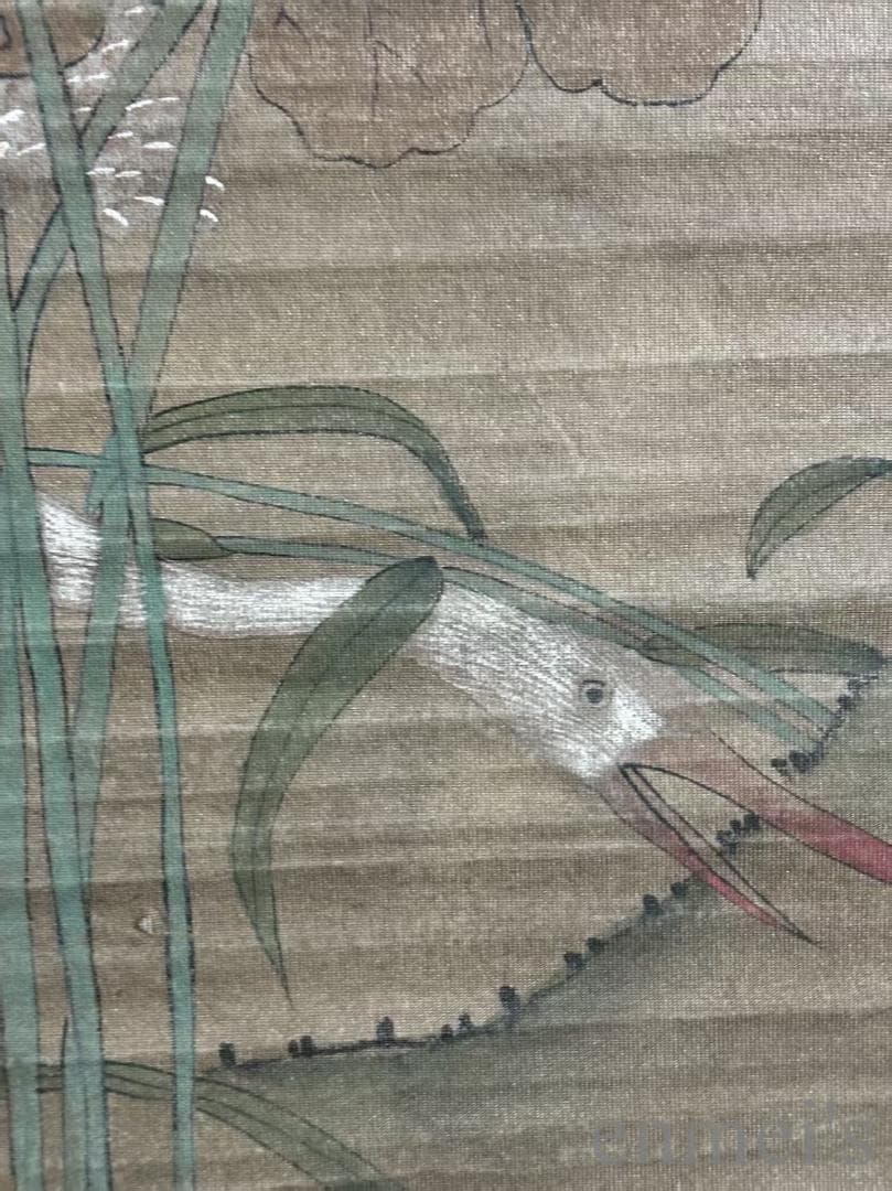 中国古美術.明時代.趙孟頫款.花鳥図.絹布画.三尺手描き.掛け軸.古賞物.古美味