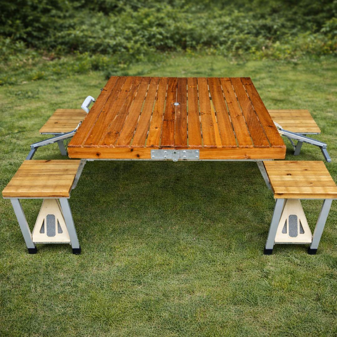 木製 折り畳み ピクニック　テーブルセット 椅子一体型　BBQ アウトドア