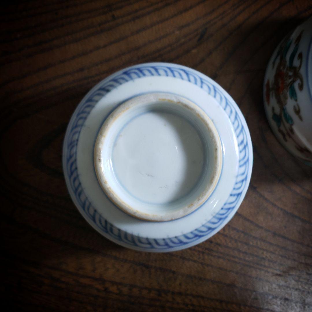 蕎麦猪口　向付　5客　古伊万里　変わり形　赤玉　花束　唐草　色絵付　金彩　ニュウ